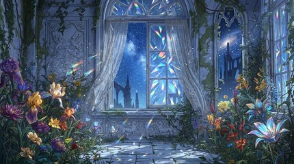ゲーム背景　夜の宮殿の花が美しいお城の部屋の風景とプリズムの光