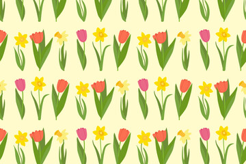 Bright seamless vector illustration of pink and red tulips with yellow daffodils on a light cream background. Fresh floral design for stationary.