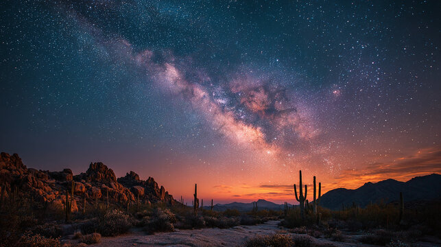 milky way galaxy over arizona desert with towering saguaro cactus silhouette starry dark sky and warm sunset glow on rocky landscape in a dramatic night scene