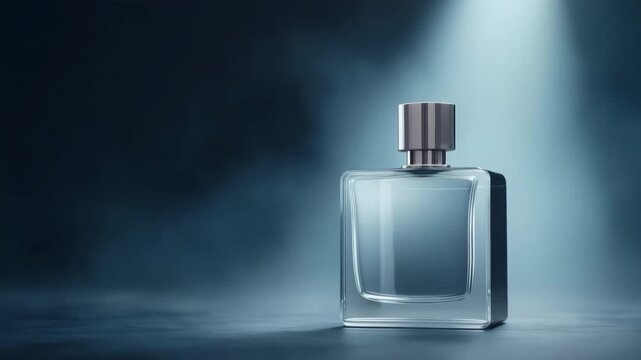 Glass perfume bottle under light in studio setup