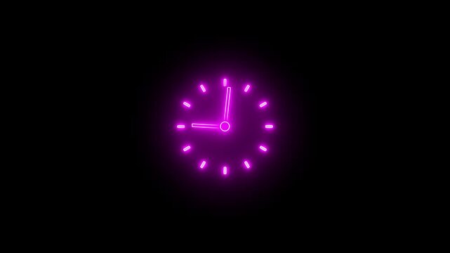 Neon Clock sign icon animation glowing pink color watch timer circle dial deadline countdown wall clock hours icon smooth effect sign symbol on black background