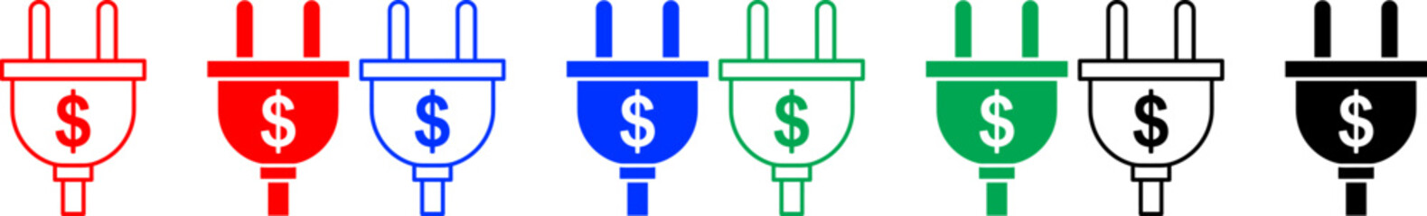 Obraz premium Electric plug icons with dollar sign representing energy costs and utility expenses in varied colors