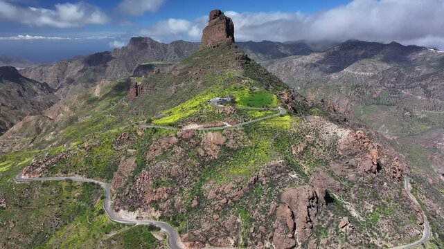 Aerial view of Caldera de Tejeda and Roque Bentayga, Tejeda, Gran Canaria, Canary Islands, Spain