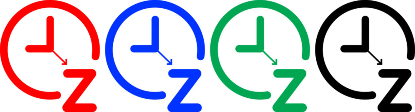 Clock face with z letter indicating sleeping time or inactive status icon set in four colors vector