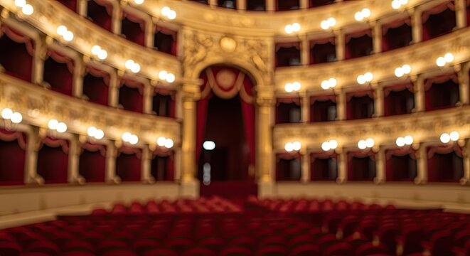 Grand Interior of an Ornate European Opera House with Empty Red Velvet Seats and Gilded Balconies.