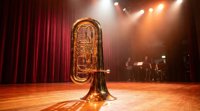Gleaming brass tuba on a stage under spotlights, ready for a performance with musicians in the background.
