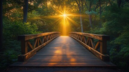 Obraz premium Wooden footbridge with railings leading through a lush forest into a golden sunburst, warm misty light and a peaceful, magical atmosphere