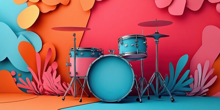 Vibrant teal and pink drum kit with cymbals set against a colorful paper-cut floral backdrop, playful energetic whimsical atmosphere