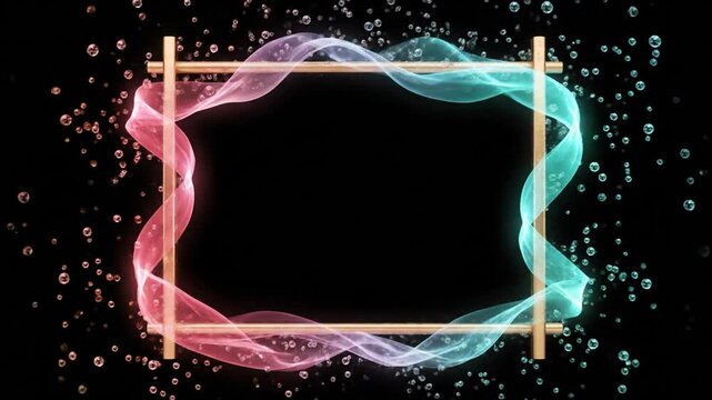 Abstract frame with colorful ribbon and bubbles on black background