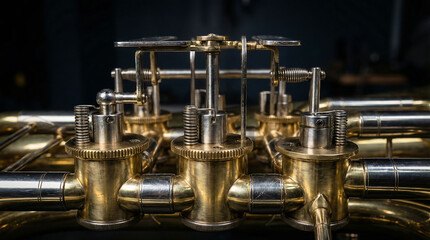 Intricate Brass Tuba Valve Mechanism Showing Precision Metal Components and Craftsmanship