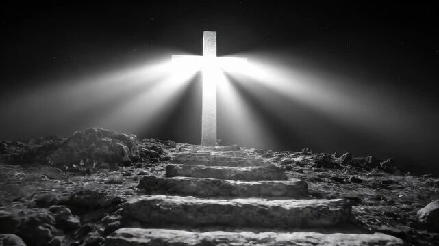 Illuminated cross on rocky path at night with starry sky. Easter, Pascha, Paskha, Ostern, Pascua, Paques - Orthodox and Catholic Holiday celebration