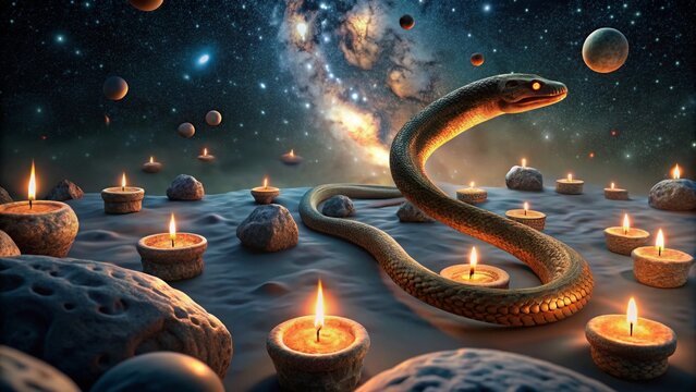 Serpentine Celestial Path Illuminated Stones and Glowing Candles Under a Starry Expanse