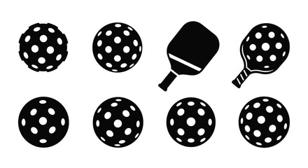 Black and white illustration of pickleballs and a paddle