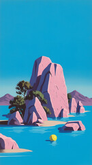 Pastel Rock Formation with Tree Blue Sky