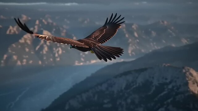 Cinematic Winter Village Scene with Eagle Flying Over Snowy Mountains in a Dreamy Landscape with Slight Bloom