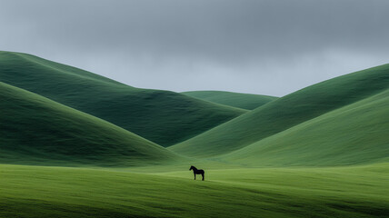 Minimal Green Hill Landscape with Horse Silhouette