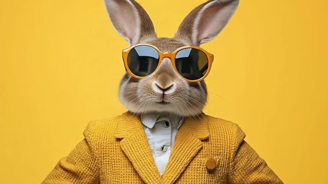 Stylish rabbit wearing sunglasses and yellow jacket. Easter, Pascha, Paskha, Ostern, Pascua, Paques - Orthodox and Catholic Holiday celebration