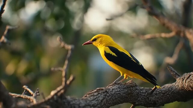 A golden oriole landing calmly on a tree branch in a serene forest environment