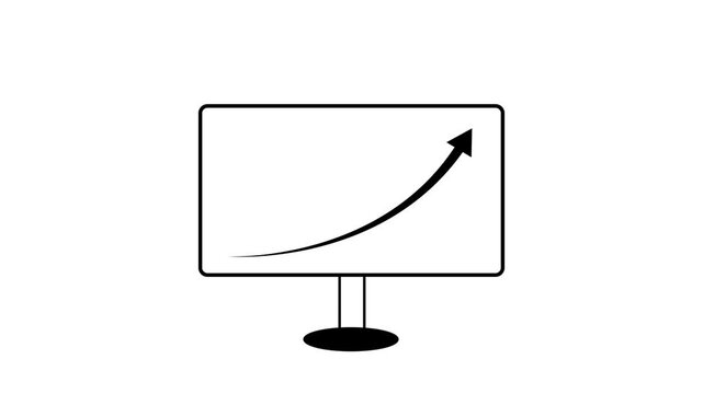 Computer monitor screen icon with business arrow animated on white background. Down to up arrow animation direction animation.