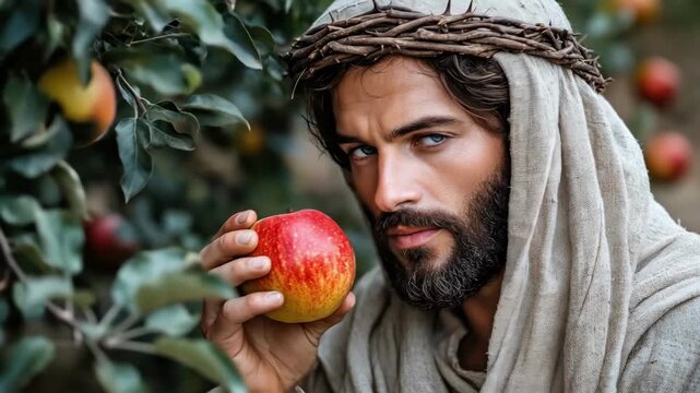 Bearded man with crown of thorns holding apple in orchard. Easter, Pascha, Paskha, Ostern, Pascua, Paques - Orthodox and Catholic Holiday celebration