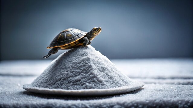 A tiny turtle ascends a miniature mountain of fine powder, a symbolic journey of perseverance and patience.