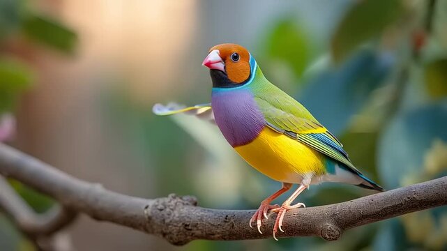 A colorful Gouldian finch perches on a branch in a serene natural environment
