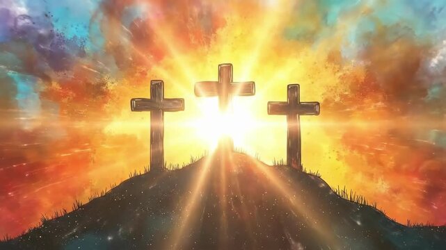 Vibrant sunset with three crosses on hill: expression of faith and hope. Easter, Pascha, Paskha, Ostern, Pascua, Paques - Orthodox and Catholic Holiday celebration