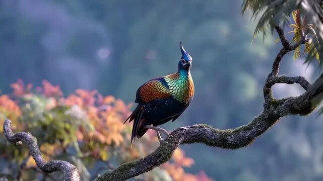 Himalayan monal bird landing calmly on a tree branch in a serene forest environment