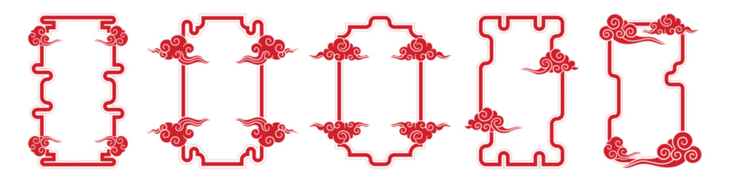 Set of five ornate red frames with traditional Chinese cloud motifs and decorative borders ideal for invitations packaging labels and festive design