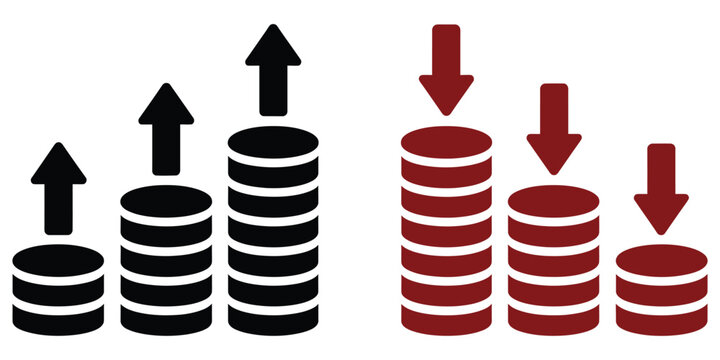 Coin, stack icon set representing money increase and decrease with directional arrows, financial analytics, business growth and decline symbols, economy and investment vector graphics.