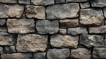 Obraz premium Rugged dry-stacked stone wall with weathered rough blocks in gray and beige earth tones, close-up texture conveying strength, age and rustic solidity