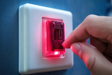 Close-up of a hand pressing a glowing red illuminated wall switch on a white plate against a blue wall, conveying caution and anticipation