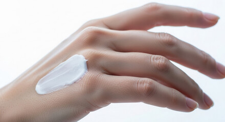 Fototapeta premium Hand applying moisturizer on skin with a light background - Concept of medicine, cosmetology 