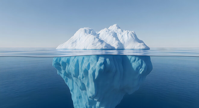 The hidden truth lies beneath the surface of the ocean in the form of a massive iceberg