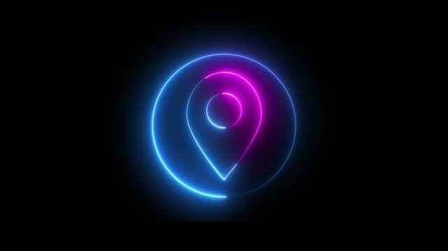 Neon location sign icon animation glowing pink and blue color pointer map address tracking direction journey tags icon footage effect sign symbol on black background