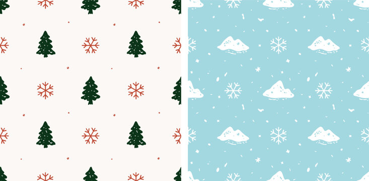 Winter Pattern Set Backgrounds with Pine Trees, Snowflakes and Snowy Hills, Minimal Nordic Holiday Design