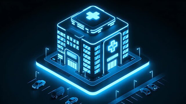 Futuristic Neon Hospital Building with Medical Cross Symbol.