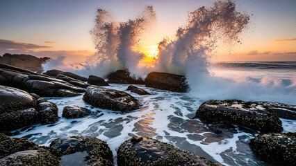 Obraz premium Ocean Waves Crashing Against Rocky Coast.