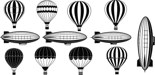Hot Air Balloon and Airship Silhouettes Set, Vintage Zeppelin and Aerostat Flying Transport Vector Illustration Isolated on White Background © Mostafizar