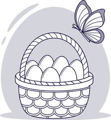 Fototapeta premium Easter day eggs in a basket with butterfly illustration, Simple line art vector graphic illustration of a woven basket filled with eggs alongside a delicate butterfly on transparent background
