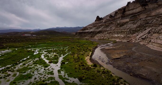 Herd of llamas and alpacas in a green valley with a river and geological formations in Peru. Aerial forward