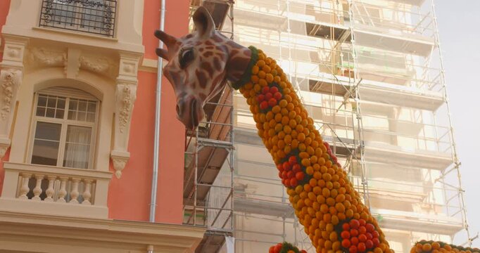 Tall Giraffe Sculpture Crafted From Thousands Of Oranges And Lemons During Fete du Citron In Menton, France. low angle shot
