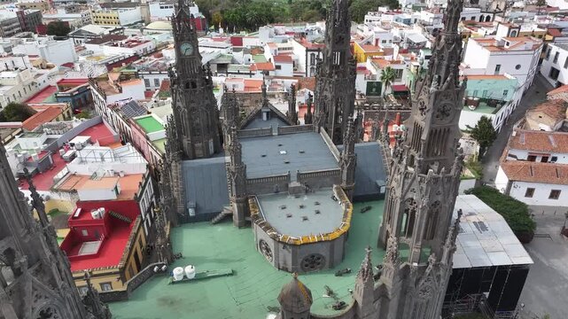 Aerial view of the Neo-Gothic Parish Church of San Juan Bautista in Arucas, Gran Canaria, Canary Islands, Spain