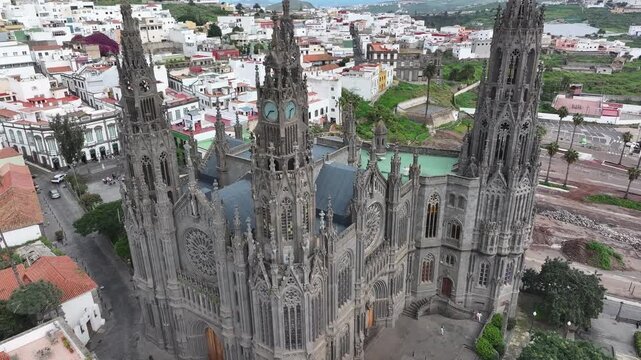 Aerial view of the Neo-Gothic Parish Church of San Juan Bautista in Arucas, Gran Canaria, Canary Islands, Spain