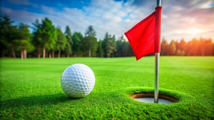 Obraz premium A golf ball rests near the cup on a lush green putting green, a red flag marking the hole under a vibrant sunset sky