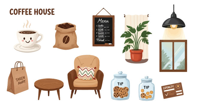 A collection of cartoon-style illustrations depicting various elements and objects found in a cozy coffee house, including furniture, drinks, food, and decor.