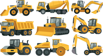 Set of Yellow Construction Heavy Equipment Vehicles Including Excavator, Bulldozer, Dump Truck and Concrete Mixer Isolated on White Background, Industrial Machinery Illustration Collection © Ziyarul