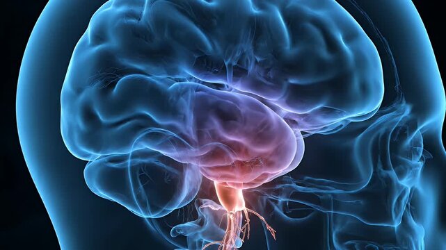 3D medical animation of human brain and spinal cord with highlighted pain area.