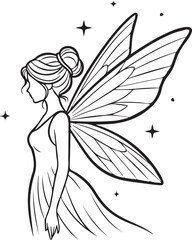 Fototapeta premium Fairy profile outline icon. Black and white magical beautiful creature portrait with wings and stars line art drawing isolated. Fantasy character design element
