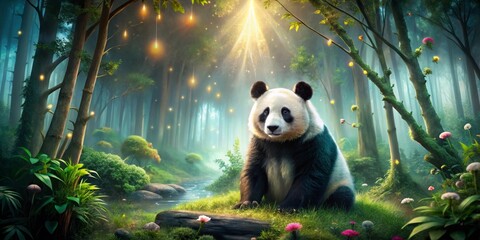Enchanting forest clearing bathed in magical golden light with a gentle panda companion amidst blooming flora and mystical glowing orbs